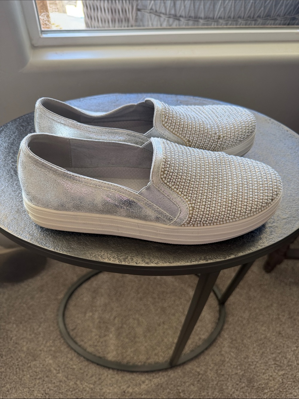Skechers Street Silver Slip-On Platform Sneakers with Sparkle Beaded Upper